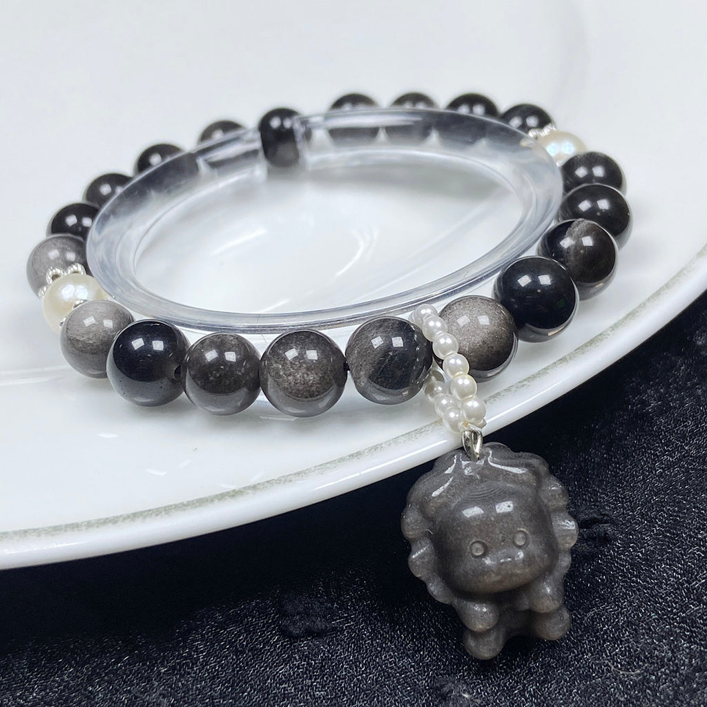 8MM Silver Obsidian Bead Bracelets Lion Pendant Accessories Crystals Healing Energy Jewelry