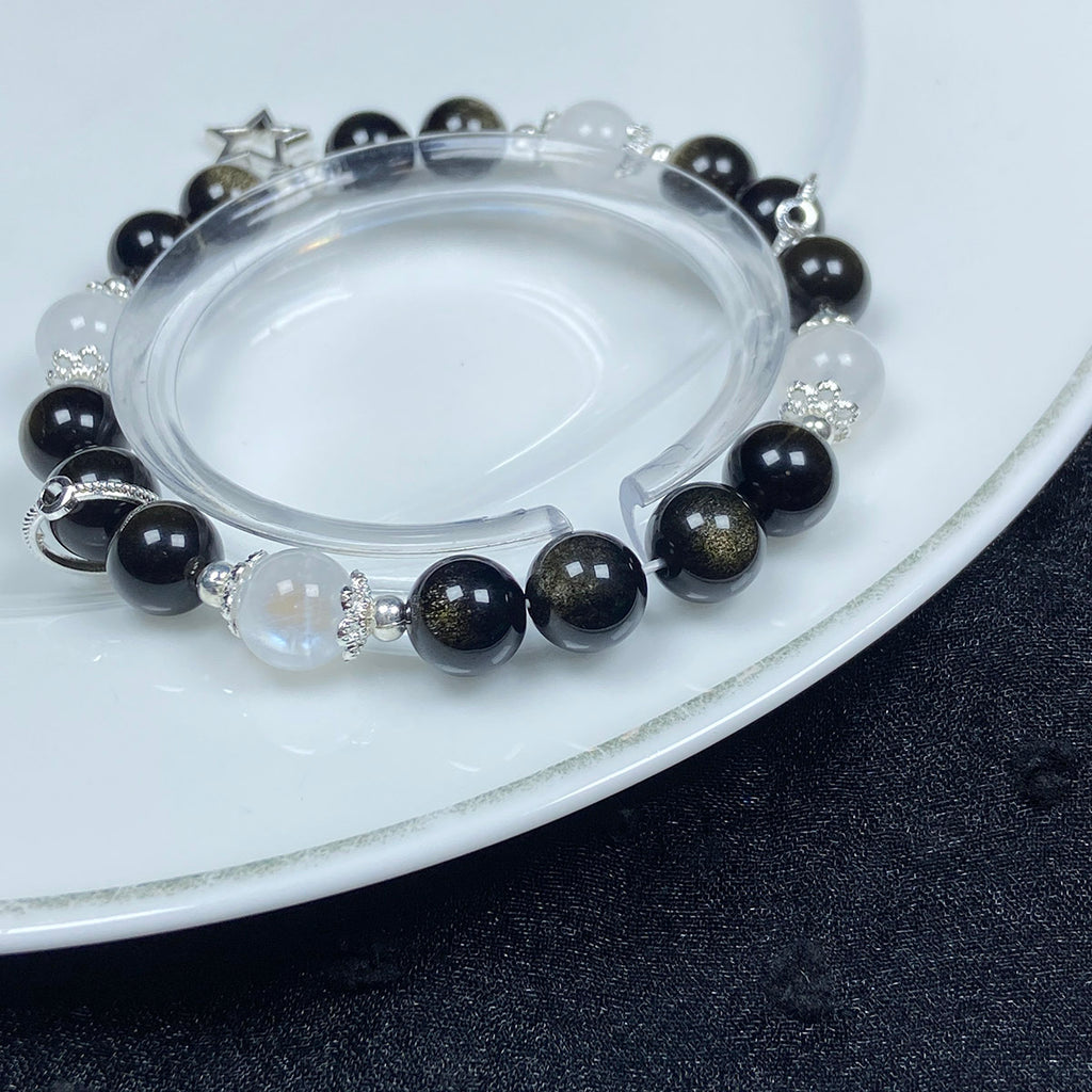 8mm Golden Obsidian Bead Moonstone Bracelet Elastic Reiki Jewelry Polished Fashion Bangle