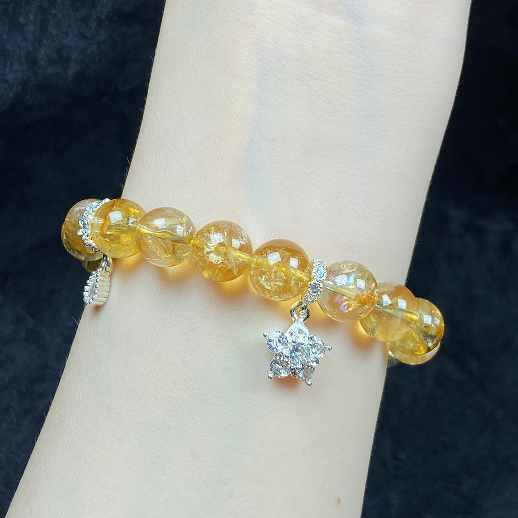9MM Citrines Bead Zircon Flower Pendant Bracelet Crystal Yoga Meditation Reiki Healing Jewelry Bangles
