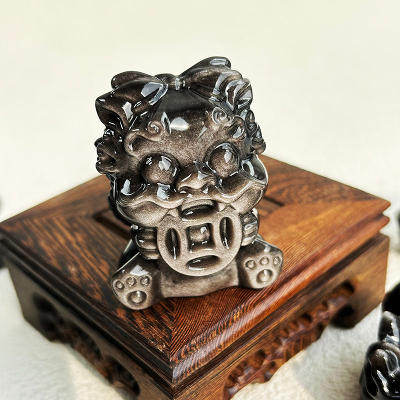 Silver Obsidian Kylin Pixiu Crystals Maneki-Neko Fortune Cat Ganesha Stone Carving Reiki Decoration
