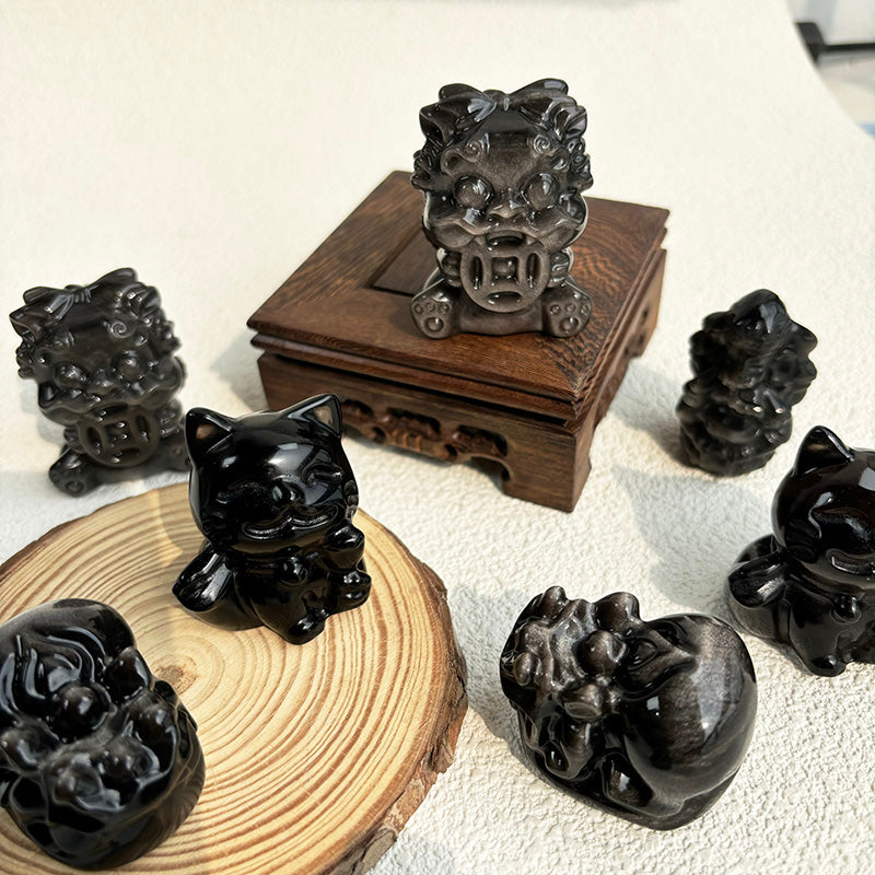 Silver Obsidian Kylin Pixiu Crystals Maneki-Neko Fortune Cat Ganesha Stone Carving Reiki Decoration