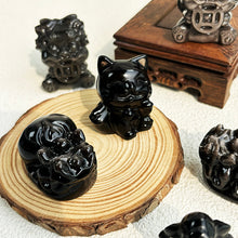 Load image into Gallery viewer, Silver Obsidian Kylin Pixiu Crystals Maneki-Neko Fortune Cat Ganesha Stone Carving Reiki Decoration