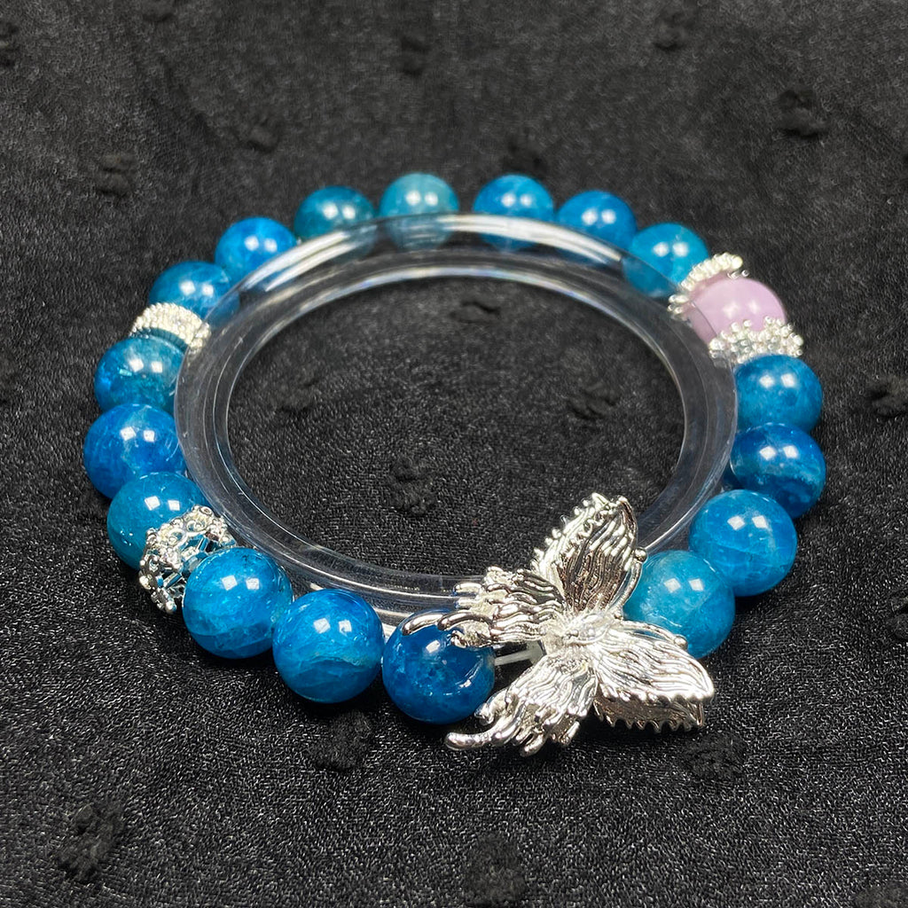 New Fashion Blue Apatite Bead 8MM Kunzite Bracelet Stainless Steel Butterfly Accessory Jewelry