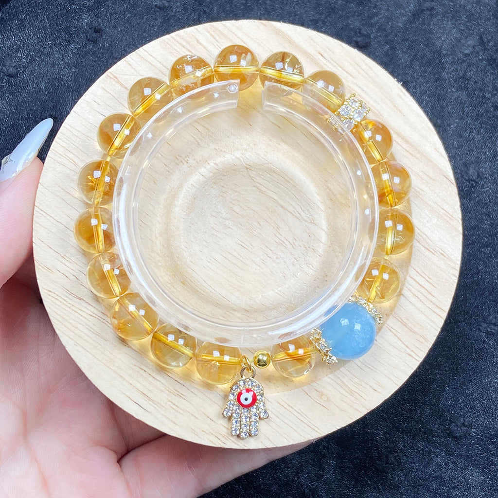 10mm Citrine Stone Wealth Bracelet Aquamarine Beads Evil Eye Pendant Energy Bangle Jewellry