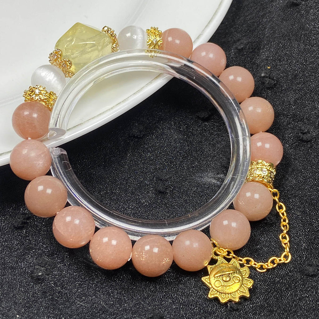 Peach Moonstone Citrine Bead With Golden Sun Chain Pendant Women Jewelry Accessories