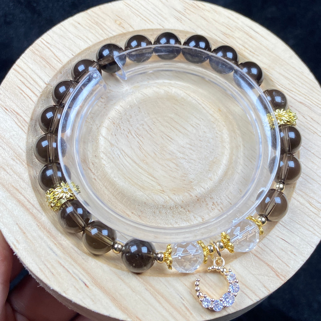 8MM Smoky Quartz Bead With Moon Accessory Design Bracelet Girls Women Jewelry