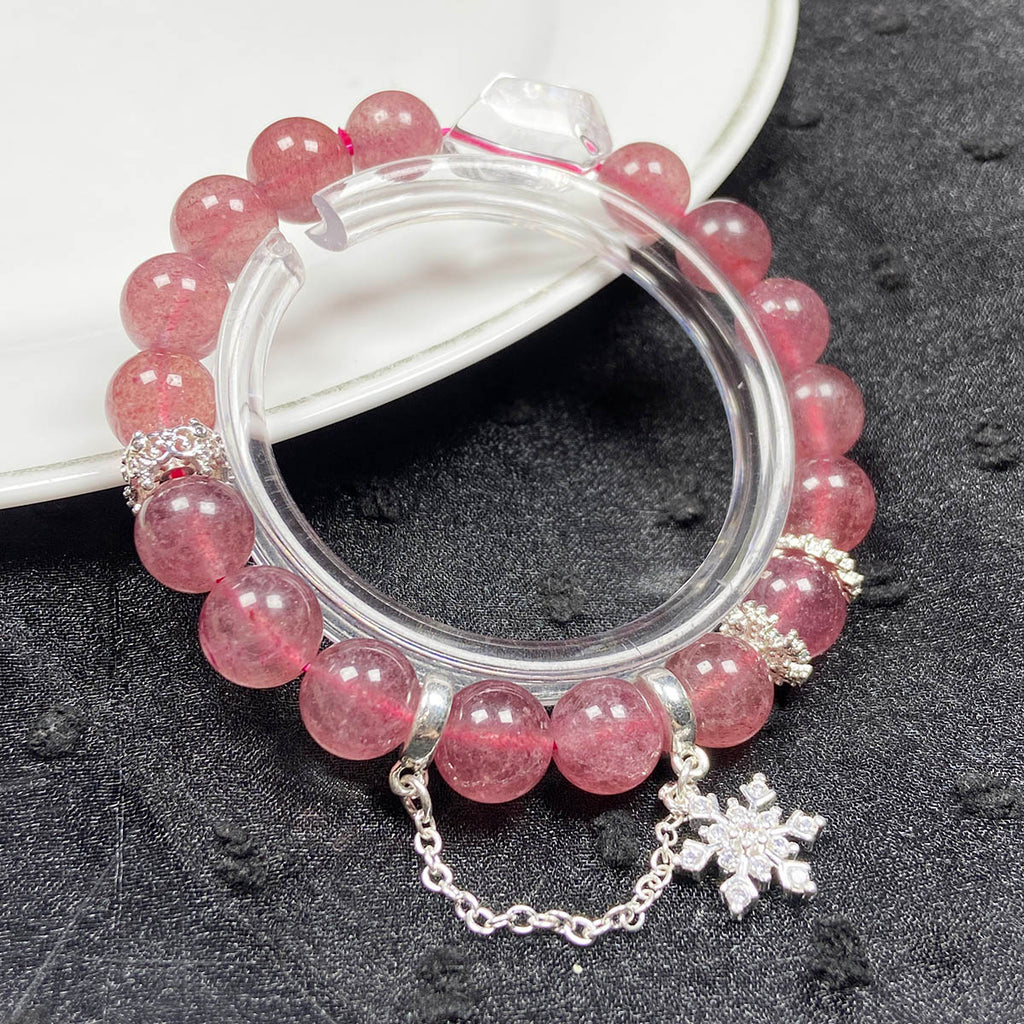 8MM Strawberry Quartz With Snowflake Pendant Bracelet For Women Sweet Jewelry