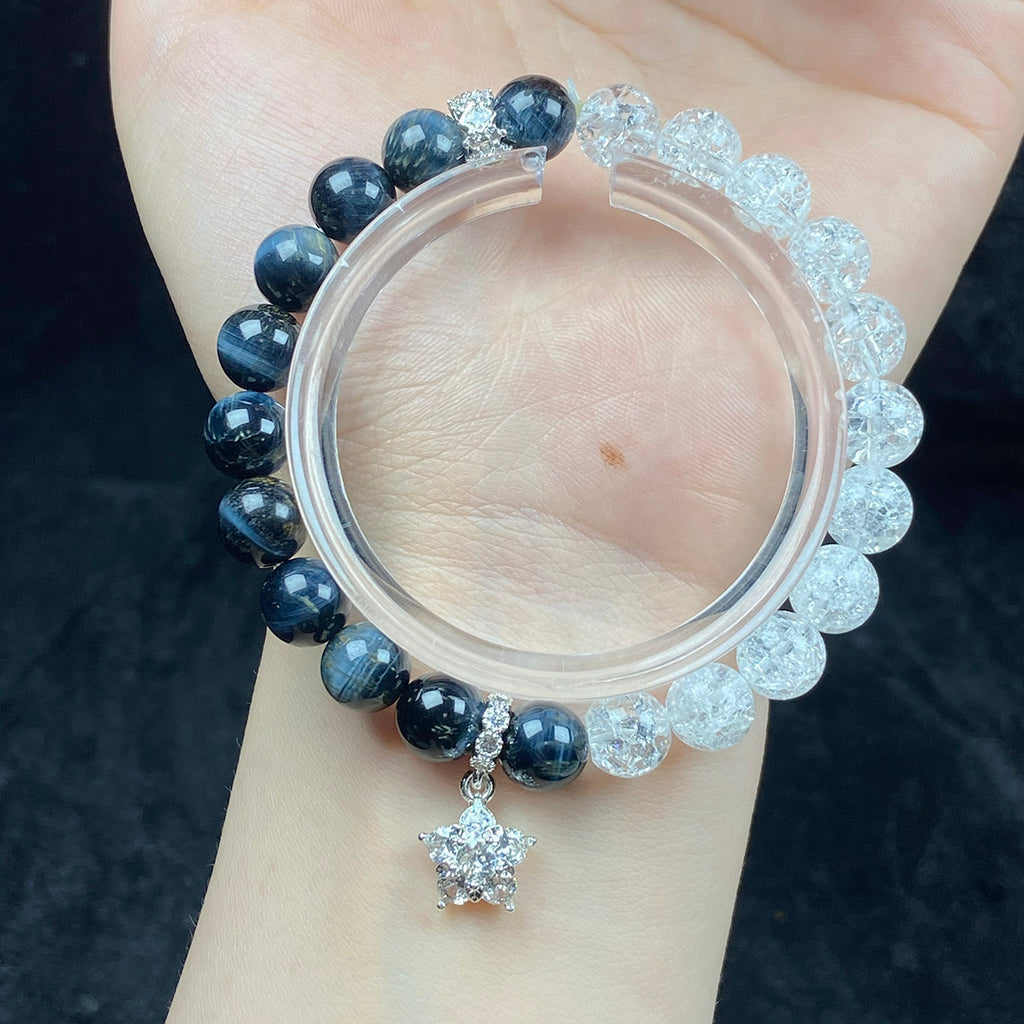8mm Blue Tiger Eye Bead Cracked Clear Quartz Bracelet Flower Pendant Accessory Jewelry