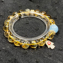 Load image into Gallery viewer, 10mm Citrine Stone Wealth Bracelet Aquamarine Beads Evil Eye Pendant Energy Bangle Jewellry