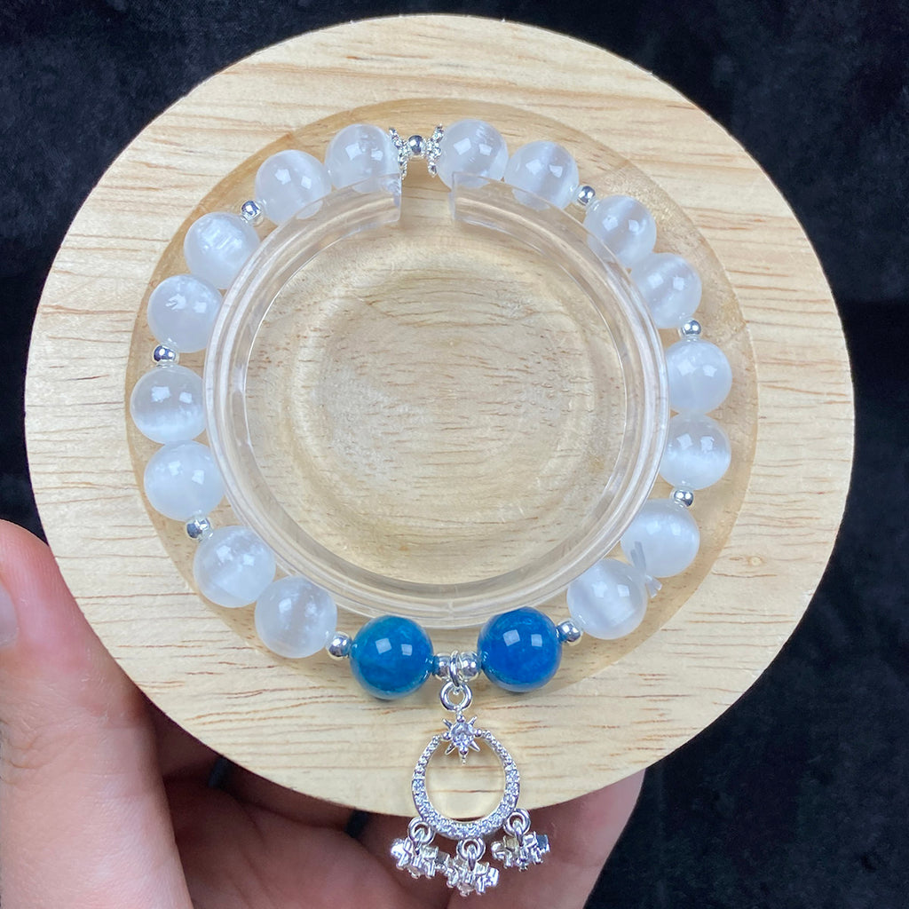 8mm Selenite Blue Apatite Healing Crystal Bracelet With Pendant Girls Women Jewelry Accessories
