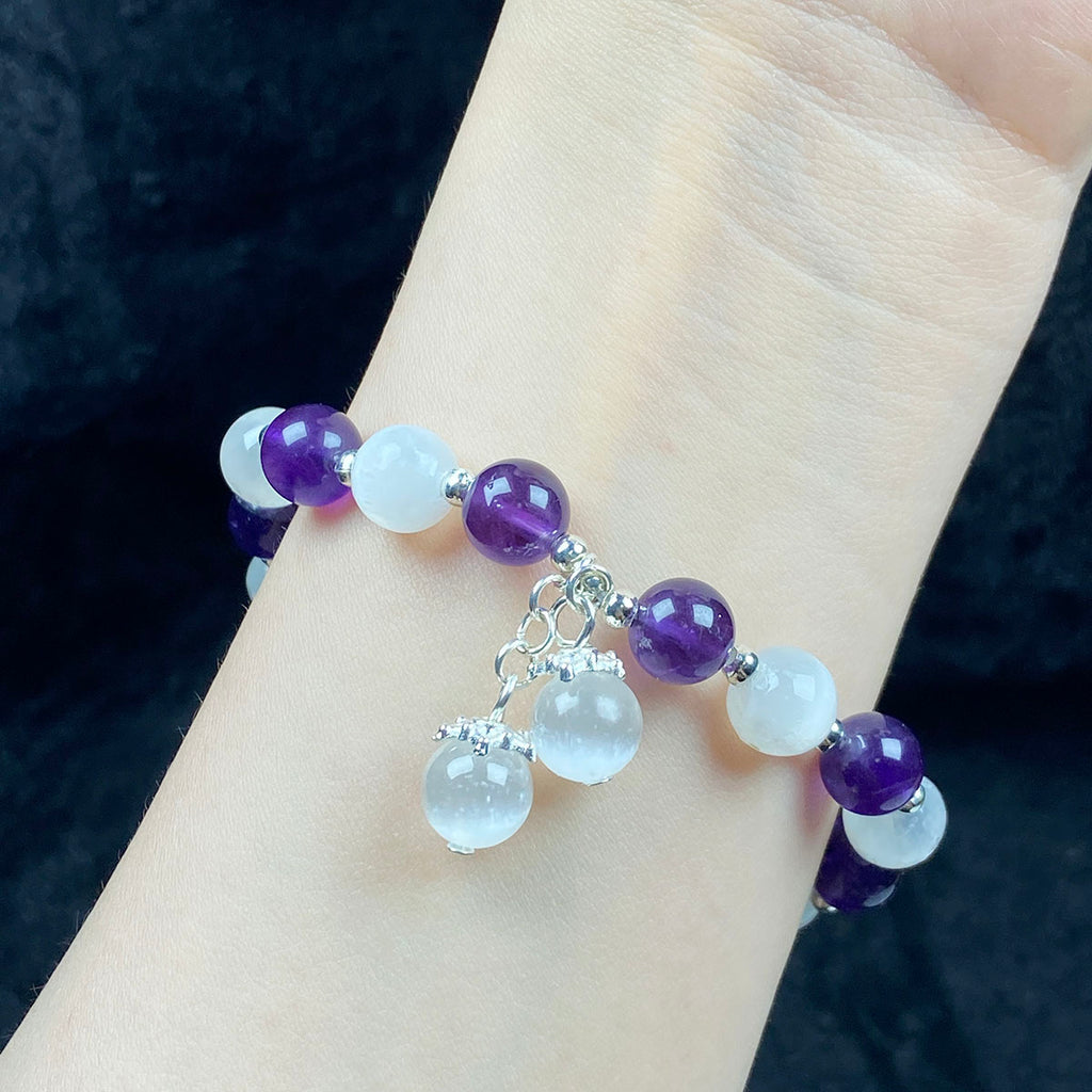 8mm Amethyst Sselenite Bracelet Handmade Women Healing Gemstone Crystal Strand Bangles Jewelry
