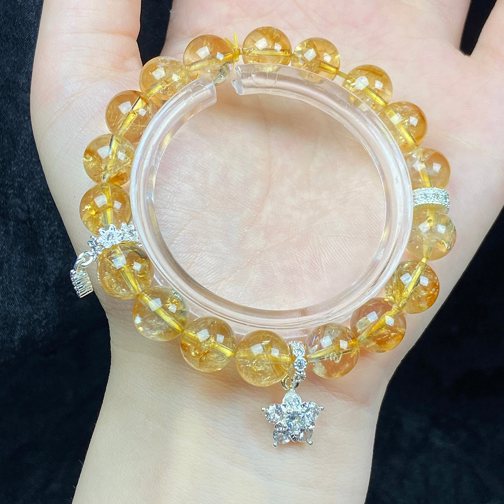 9MM Citrines Bead Zircon Flower Pendant Bracelet Crystal Yoga Meditation Reiki Healing Jewelry Bangles
