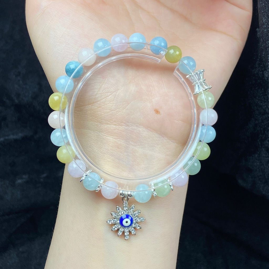 7MM Morganite Beads Bracelets Evil Eye Accessory Women Fashion Healing Jewelry
