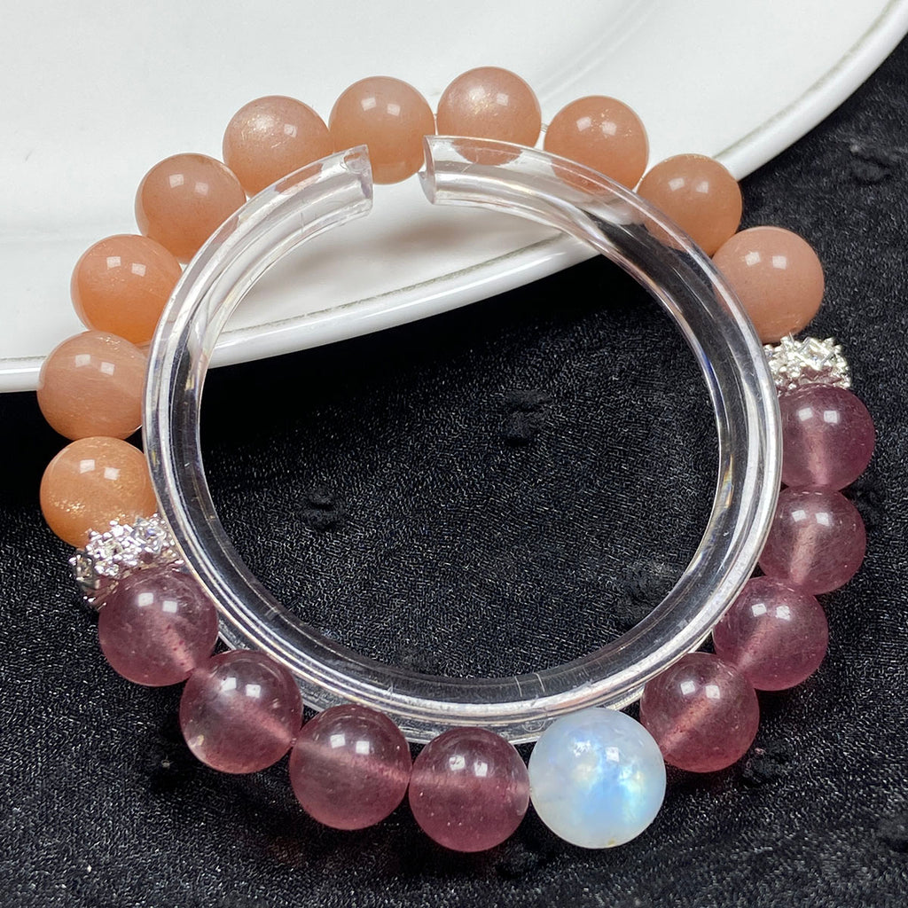 9MM Strawberry Quartz Peach Moonstone Beaded Sweet Cool Bracelet For Women Trendy Bangle