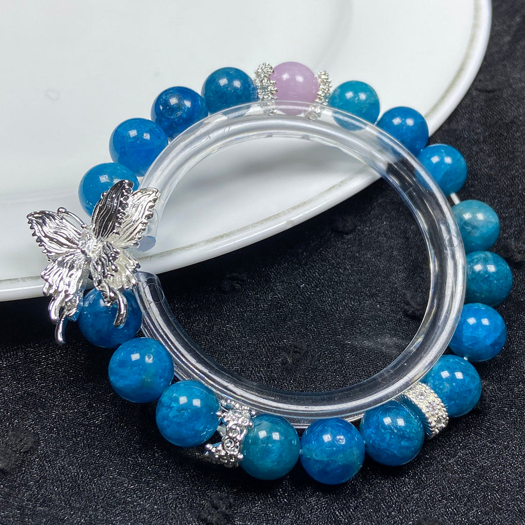 New Fashion Blue Apatite Bead 8MM Kunzite Bracelet Stainless Steel Butterfly Accessory Jewelry