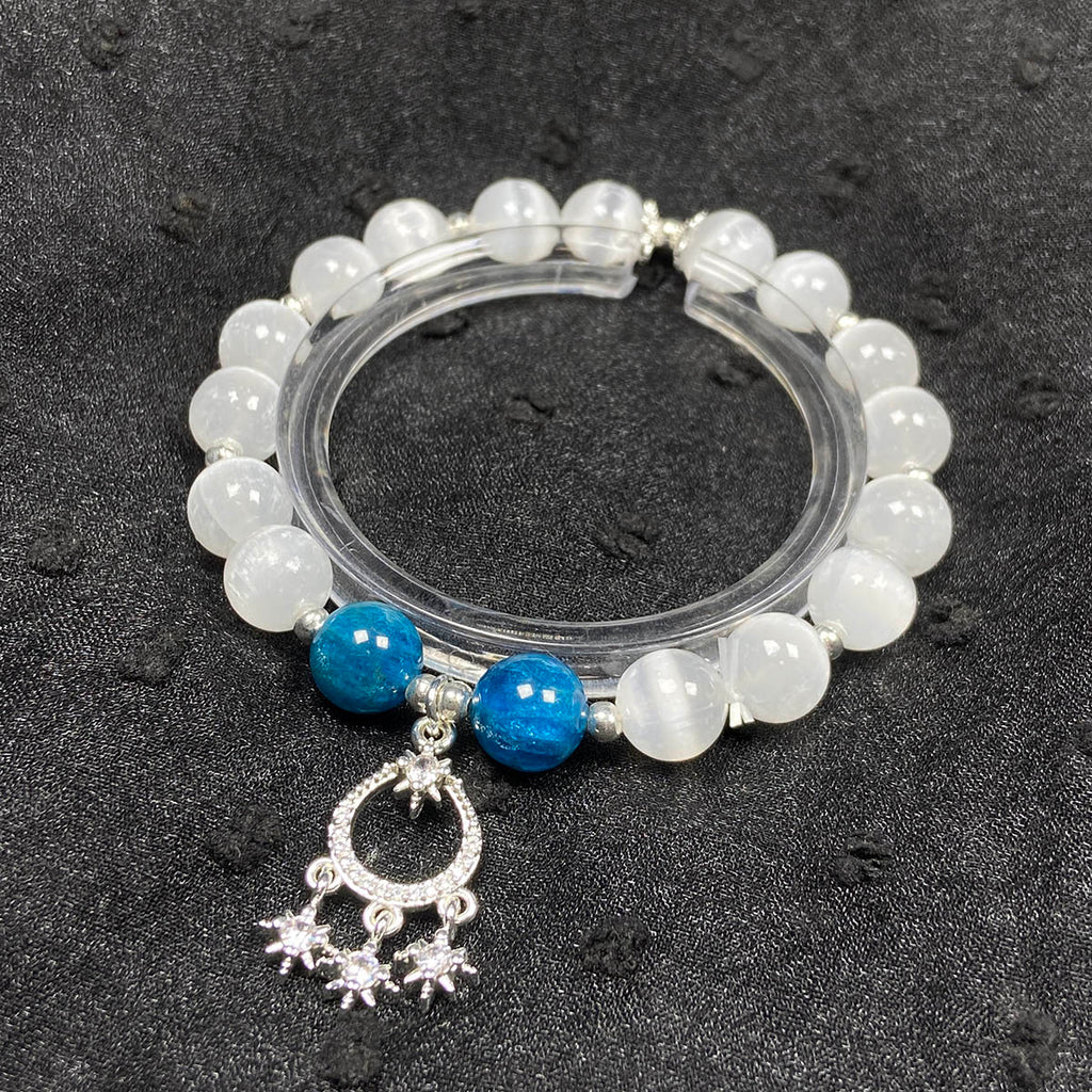 8mm Selenite Blue Apatite Healing Crystal Bracelet With Pendant Girls Women Jewelry Accessories