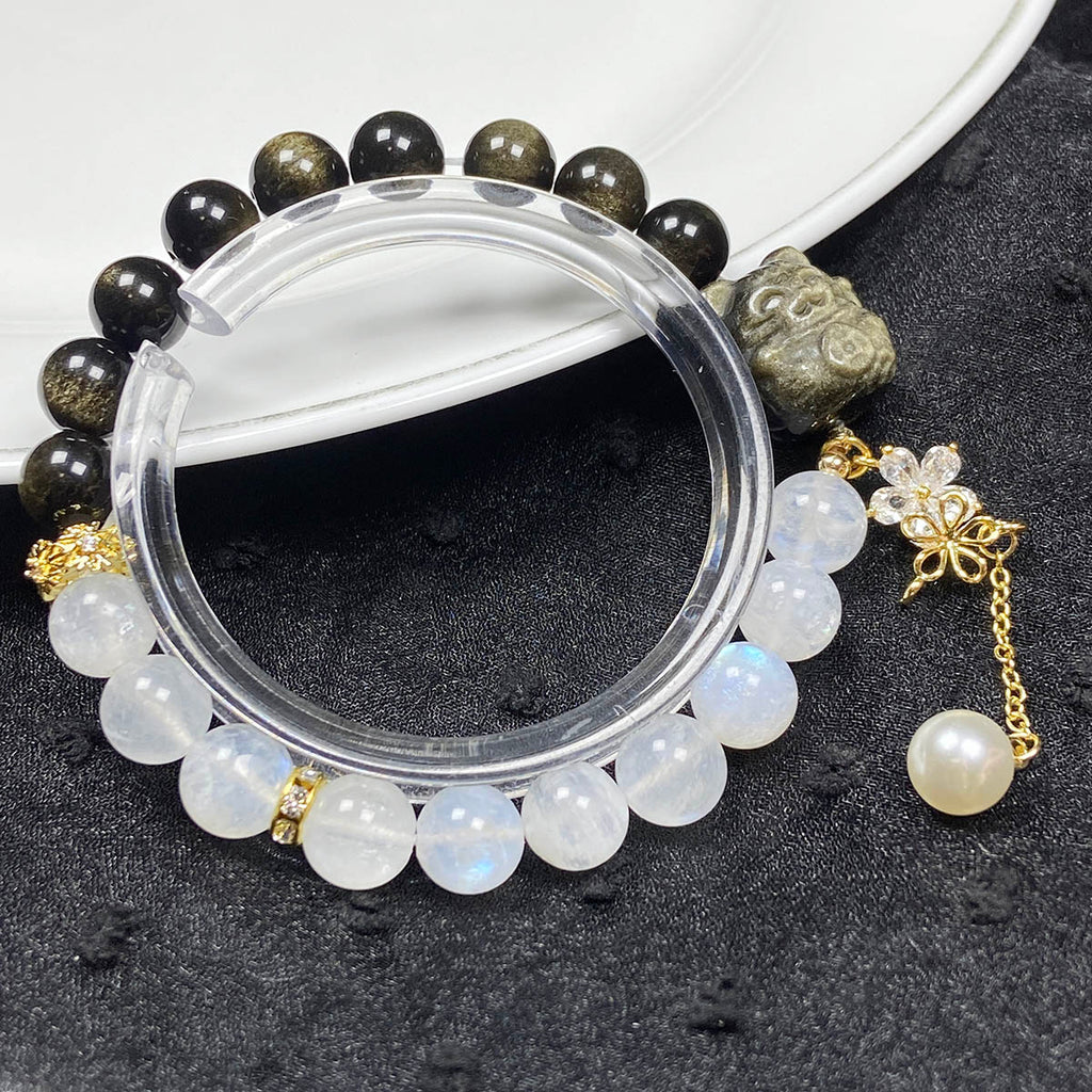 Golden Obsidian Nine Tailed Fox 8MM Moonstone Bead Design Bracelet Accessory Women Fashion Jewellry