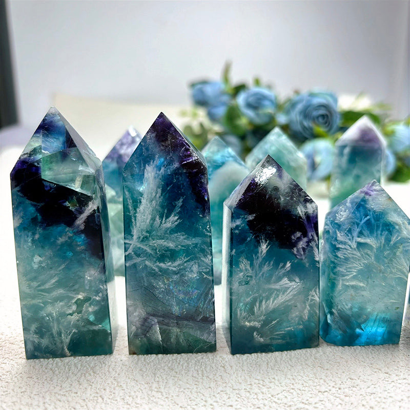 Natural Feather snowflake fluorite tower blue crystals points