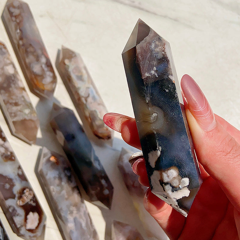 Natural Black Flower Agate Double Tower/Point