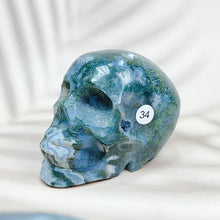 Load image into Gallery viewer, Green Moss Agate Carved Skulls Crystal Healing Energy Stone Crafts Halloween Home Decoration