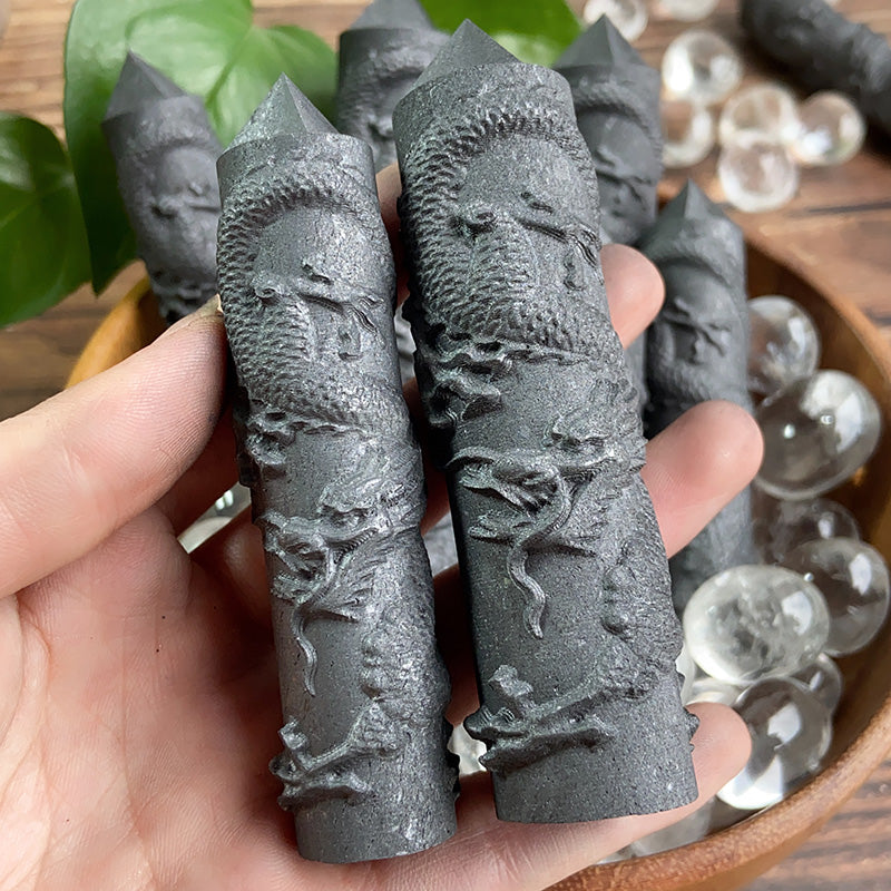 Shungite With Dragon Carvings Tower