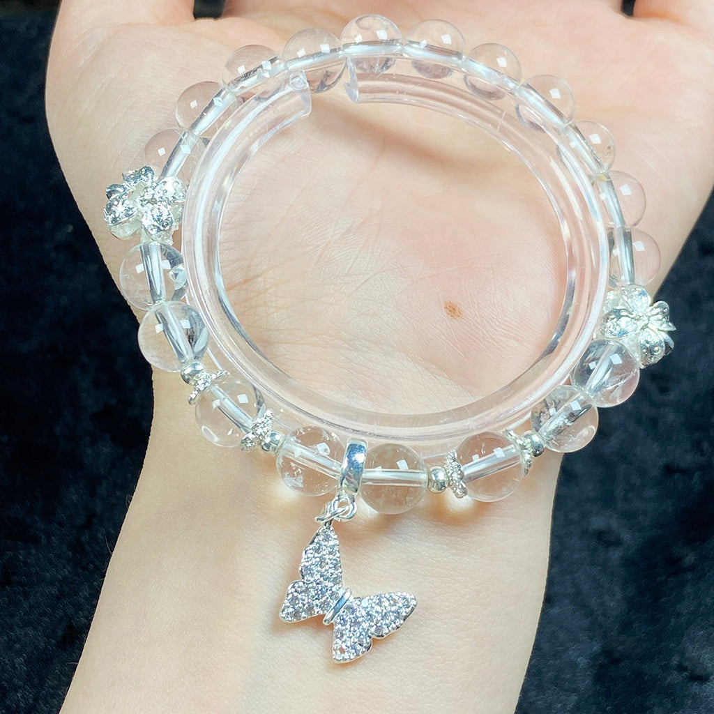 8mm White Clear Quartz Gemstone Round Beads Butterfly Pendant Bracelet Healing Energy Jewelry