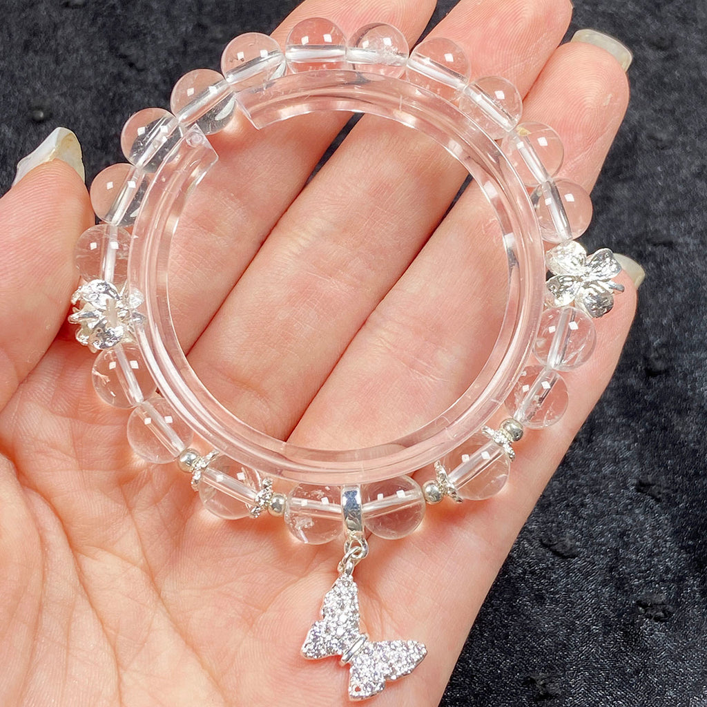 8mm White Clear Quartz Gemstone Round Beads Butterfly Pendant Bracelet Healing Energy Jewelry