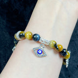 8mm Dream Tiger Eye Stone Beaded Evil Eye Pendant Bracelet Crystal Healing Stone Women Men Jewelry
