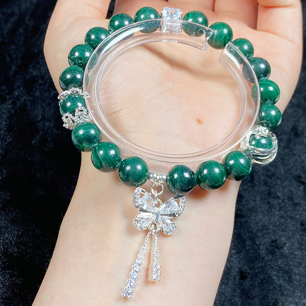 9mm Malachite Stone Zircon Butterfly Chain Bracelet Energy Crystal Healing Energy Yoga Elastic Jewelry
