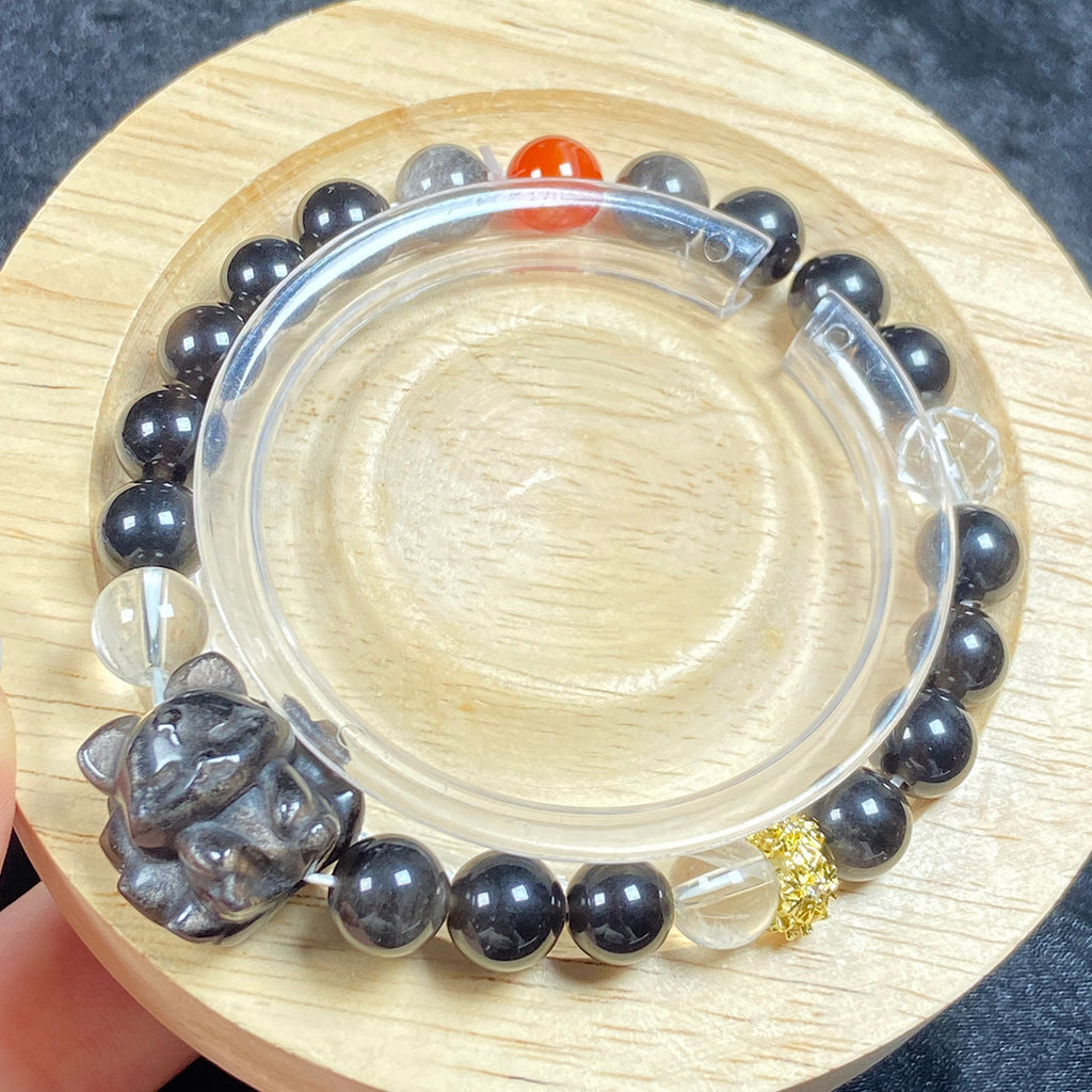 8mm Silver Color Shiny Obsidian Bead Nine-Tailed Fox Strand Bracelets Charm Round Bead Energy Bracelet