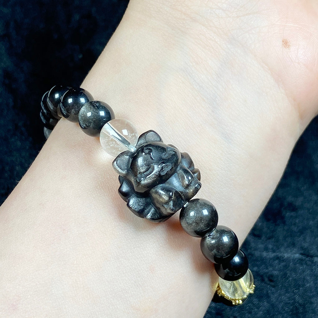 8mm Silver Color Shiny Obsidian Bead Nine-Tailed Fox Strand Bracelets Charm Round Bead Energy Bracelet