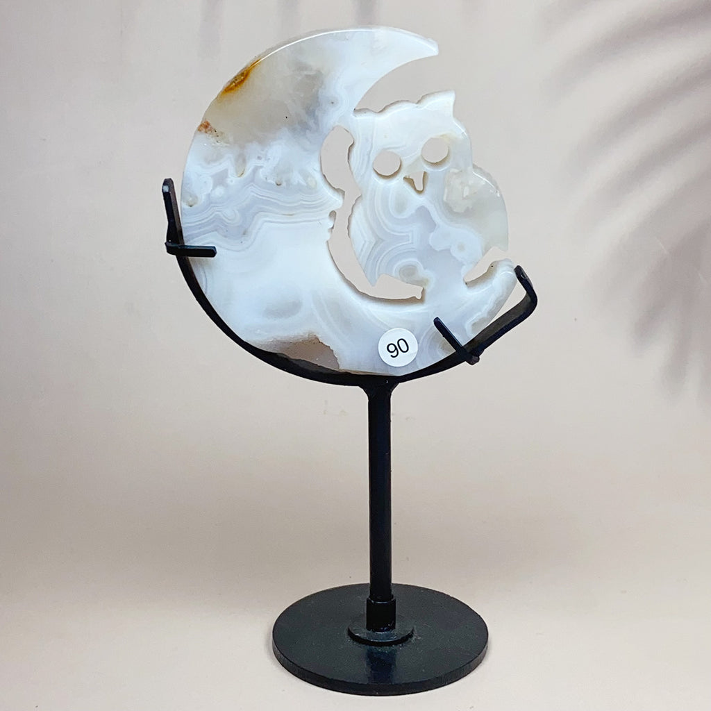 Druzy Agate Moon Face With Carving Set Crystal Owl Skull Fairy Sculpture Quaomrtz He Decoration