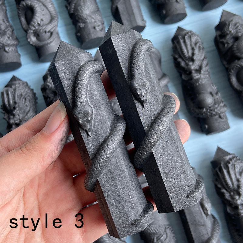 Shungite Tower With Different Styles Dragon Carving