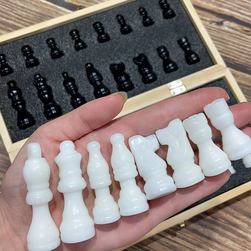 Crystal Chess Set Carvings Obsidian & White Jade