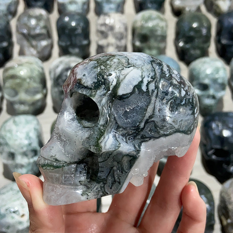 Natural Moss Agate Skulls Crystal Stone Carvings