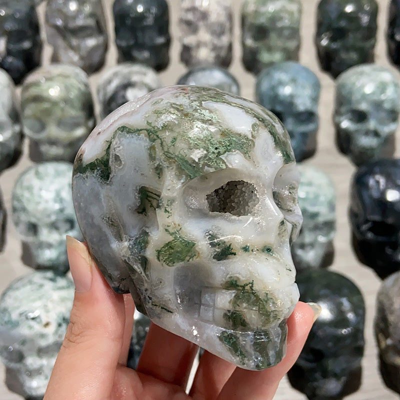 Natural Moss Agate Skulls Crystal Stone Carvings