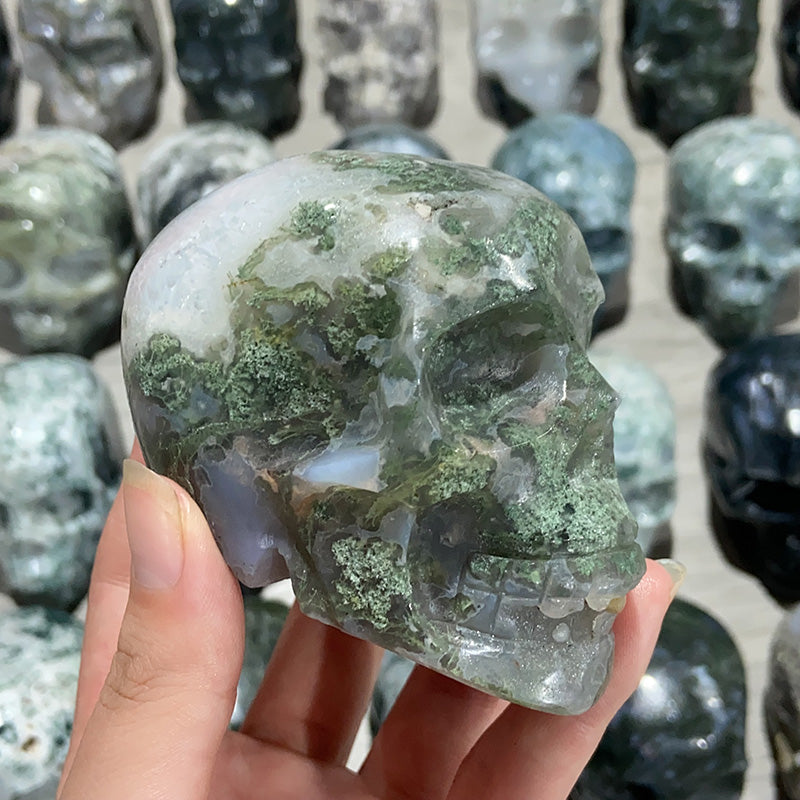 Natural Moss Agate Skulls Crystal Stone Carvings