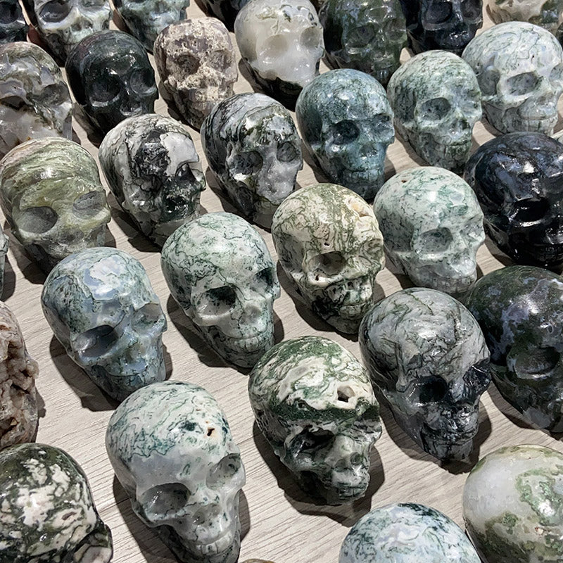 Natural Moss Agate Skulls Crystal Stone Carvings