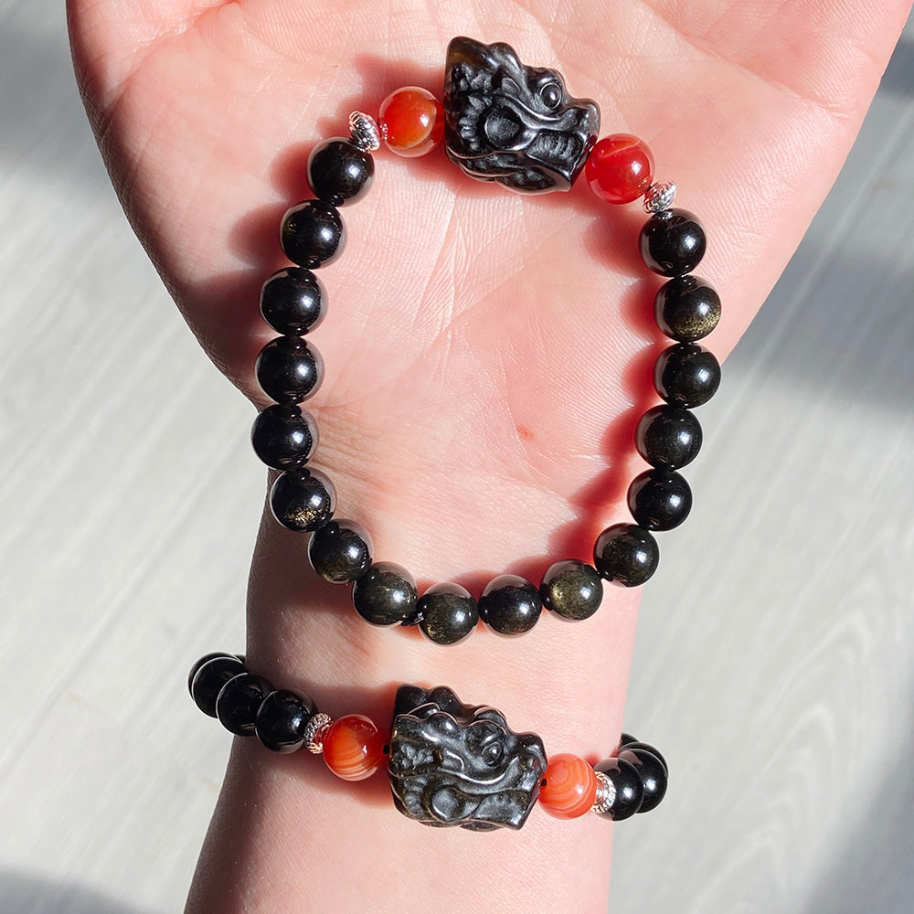 Obsidian Dragon Head &Lion & Moon Carving Beads Crystal Bracelet