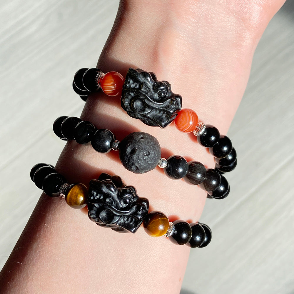 Obsidian Dragon Head &Lion & Moon Carving Beads Crystal Bracelet