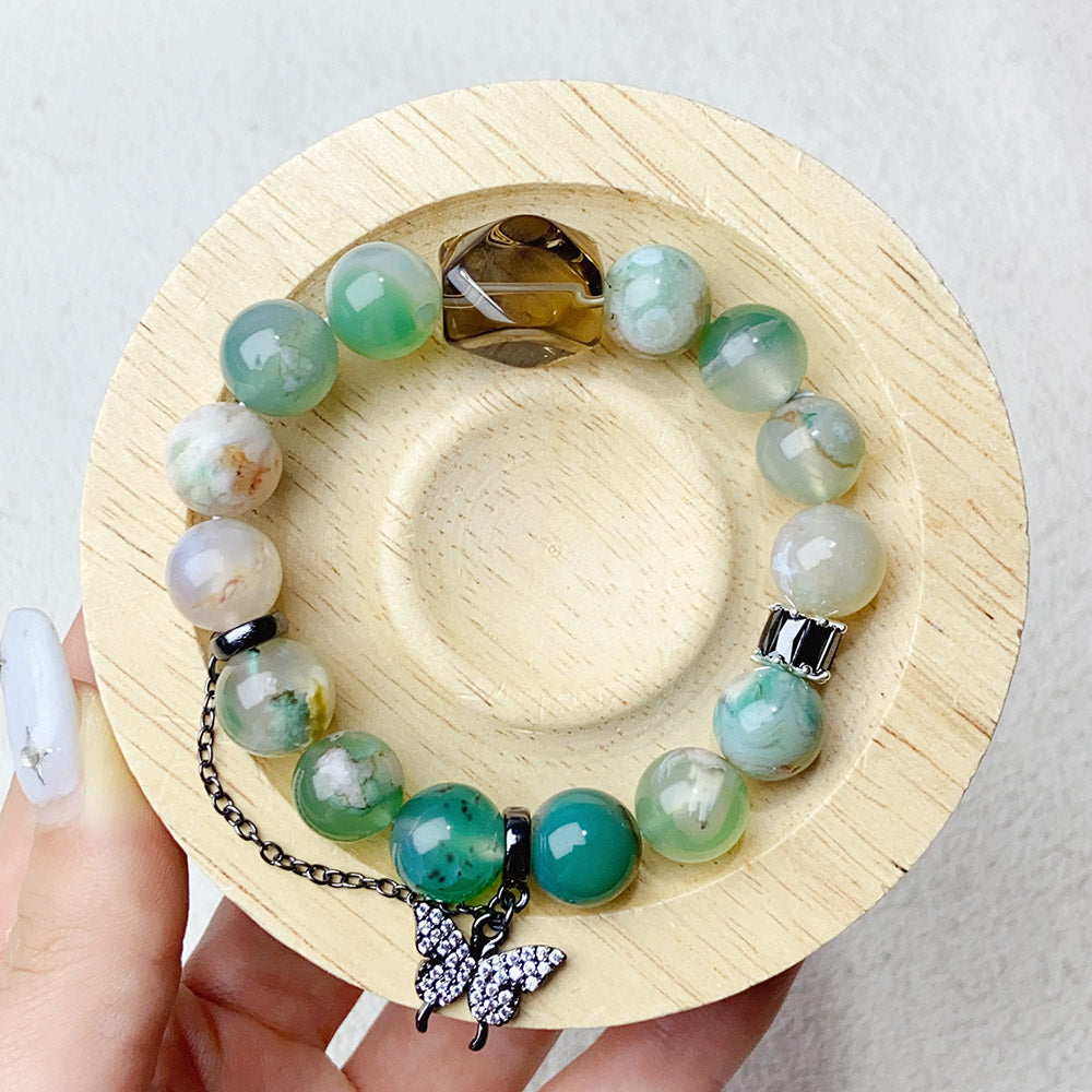10mm Green Flower Agate Beads With Butterfly Pendant Bracelet Reiki Healing Bangle Jewelry Gift