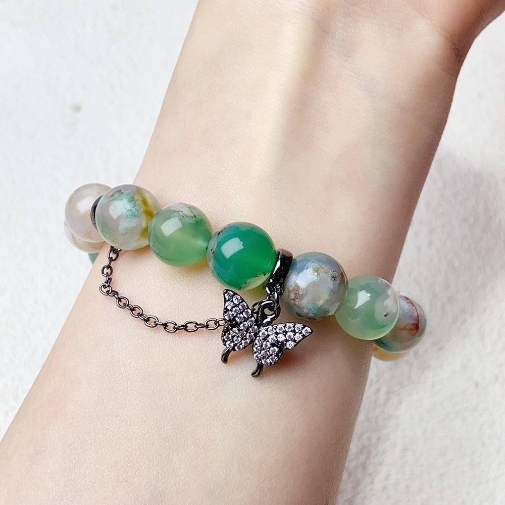 10mm Green Flower Agate Beads With Butterfly Pendant Bracelet Reiki Healing Bangle Jewelry Gift