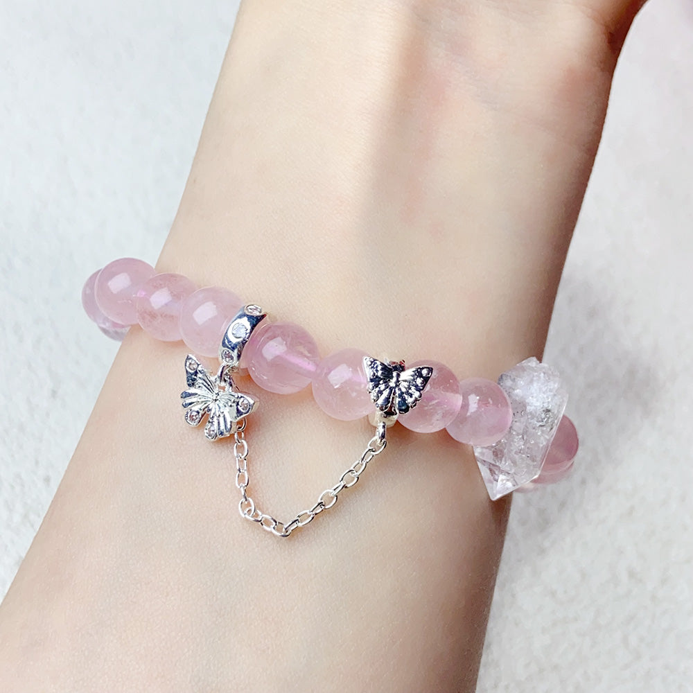 8mm Rose Quartz Beaded Bracelet Butterfly Pendant Sweet Cool Jewellry Gift