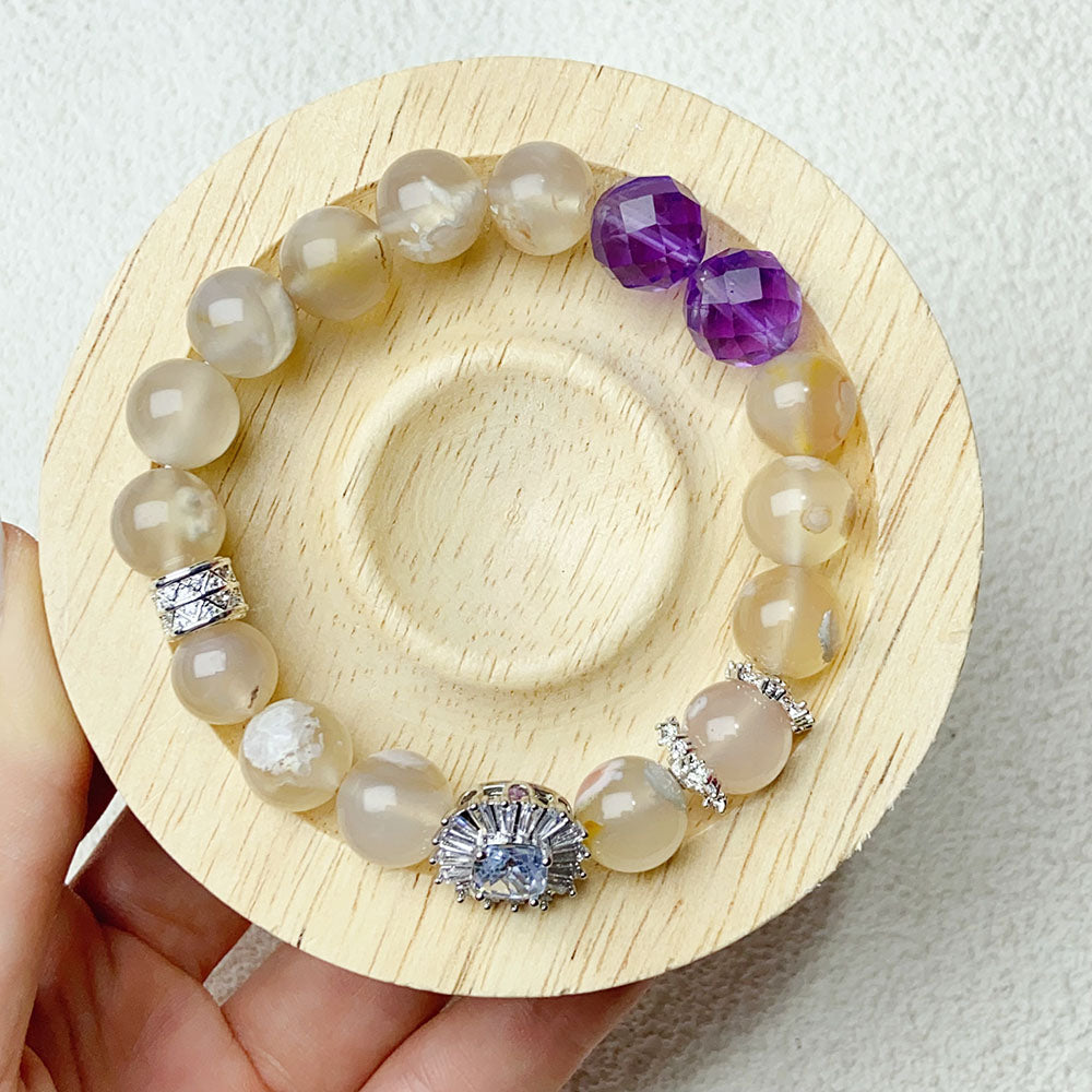 10mm Flower agate Energy Beads Bracelets With Amethyst Beads For Women Energy Healing Jewelry