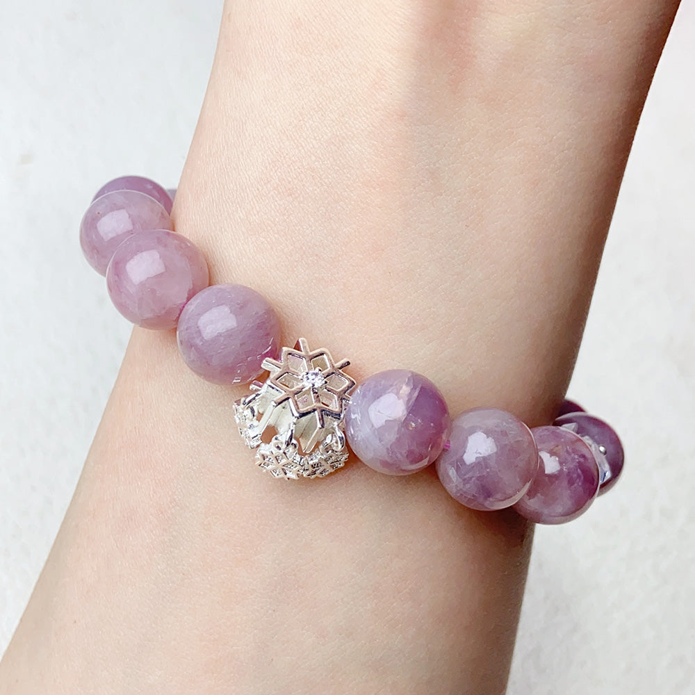 11mm Lavender Rose Quartz Bracelet With Snowflake Pendant Charm Bracelets Jewelry Gift