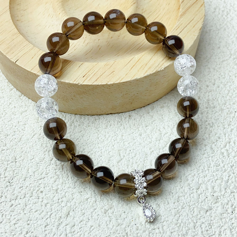 8MM Smoky Quartz With Cracked Clear Quartz Crystal Bracelet For Women Pulsera