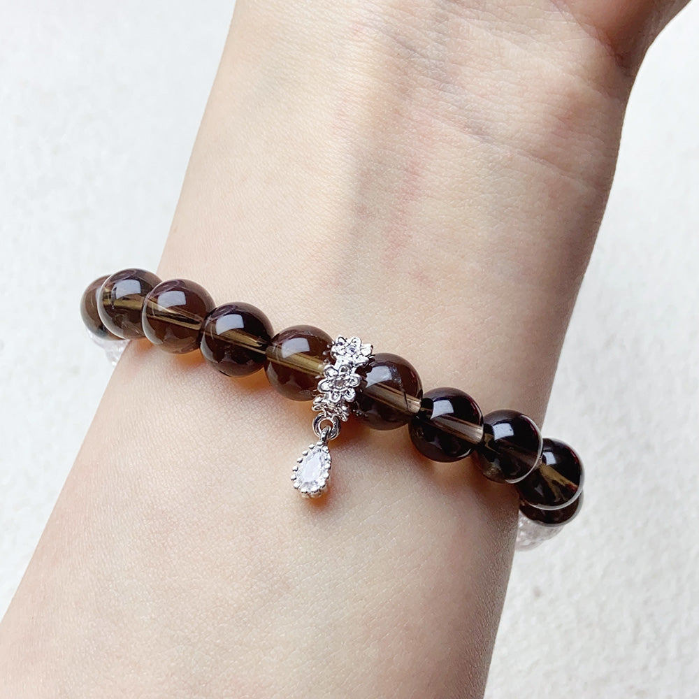 8MM Smoky Quartz With Cracked Clear Quartz Crystal Bracelet For Women Pulsera