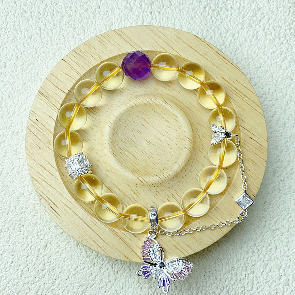 10mm Citrine Bracelet With Amethyst Beads Chain Elastic Bangle Female Fashion Party Jewelry