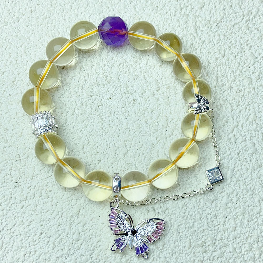 10mm Citrine Bracelet With Amethyst Beads Chain Elastic Bangle Female Fashion Party Jewelry