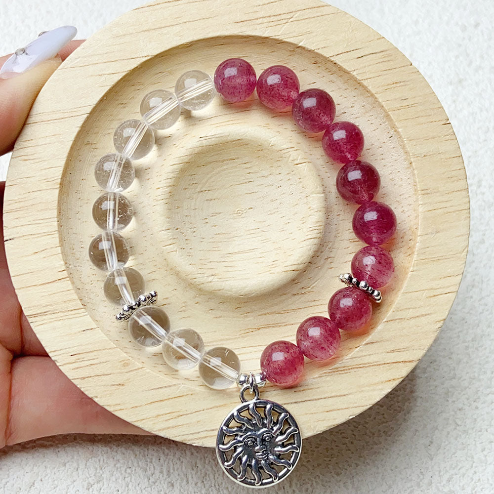 8mm Clear Quartz & Strawberry Quartz Bracelet Hand Designed Jewelry For Women Gift